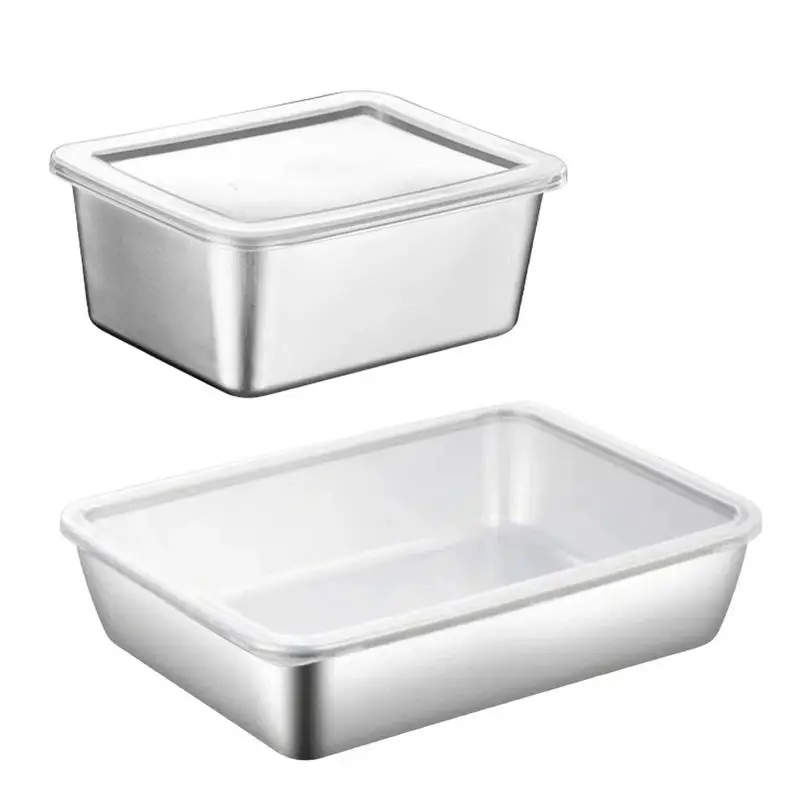 Stainless Steel Square Plate With Lid Rectangular Food Storage Pan Commercial Dish Tray Large Freshing Lunch Box Container