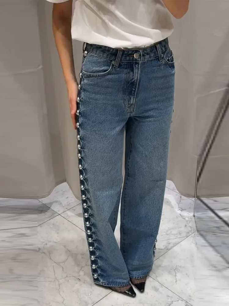 

Zipper Side Beading Jeans Women High Waist Pockets Wide Leg Pants Lady 2025 Spring Summer Fashion High Street Button Baggy Jeans