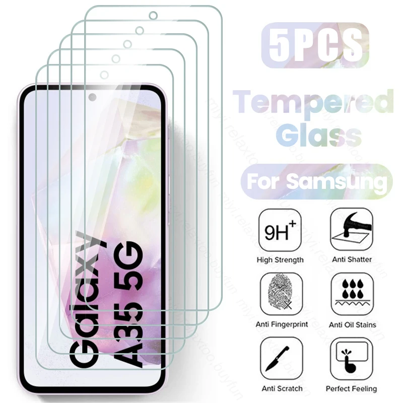 For Samsung Galaxy A35 5G Case 5Pcs 100% Original HD Clear Tempered Glass Full Cover Screen Protector On SamsungA35 A 35 35A 5G