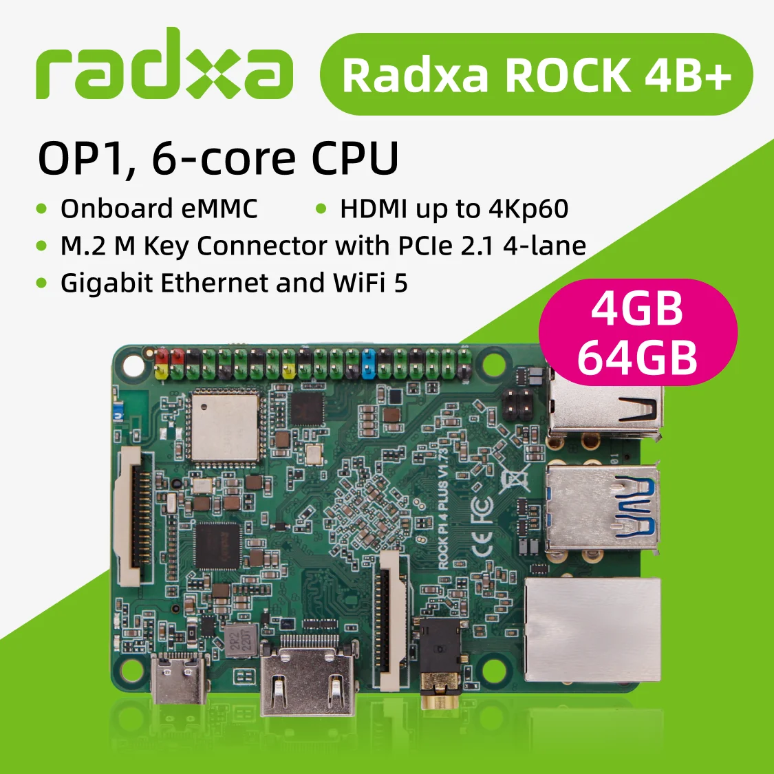 NYRadxa ROCK 4B Plus OP1 RK3399 6 Core 4K Single Board Computer PCIe 2 1 and Dual WiFi 5 Gigabit Ethernet with Metal Case