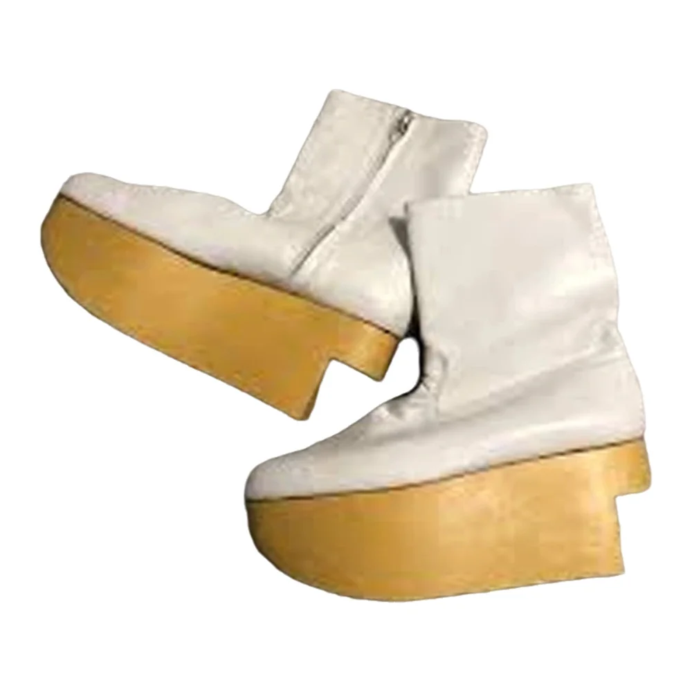 Weiße Holzmaserung-Optik Plateau-Stiefeletten mit Runder Spitze, Seitenreißverschluss, Dicker Sohle und Keilabsatz, Rocking Horse Schuhe, Modische Schuhe
