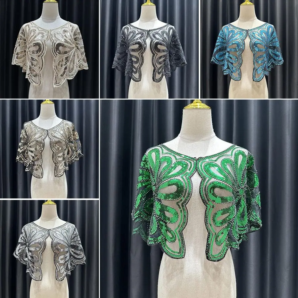 

Винтажная шаль 1920-х годов с блестками и бусинами, дышащая сетчатая шаль для вечеринки, легкая шаль с цветочным узором, расшитая бисером, свадебная шаль