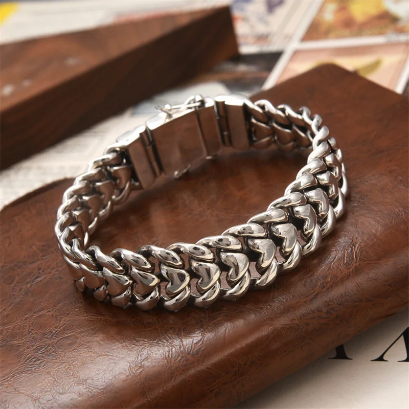 OUYADI S925 Sterling Silver 16mm Heart Pattern Thick Link Bracelet Male Business Punk Fashion Festival Gift