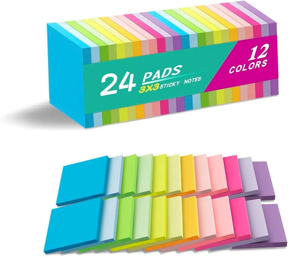 

24 Pads Sticky Notes 3x3 Inches Bright Colors Self-Stick Pads for Home Office