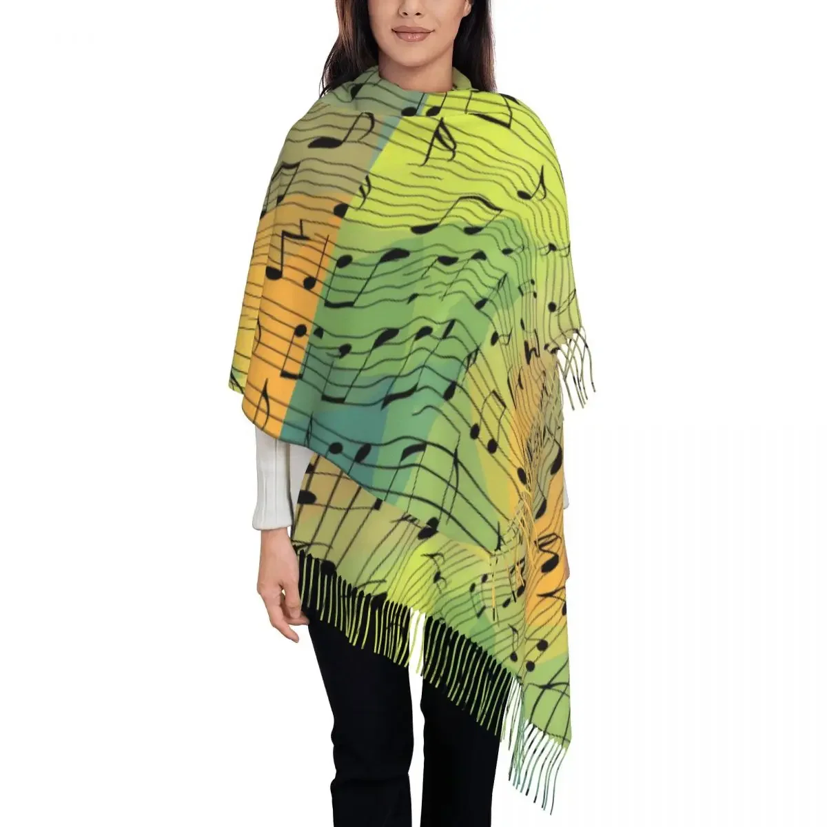 Music Notes Scarf Lady Colorful Print Head Scarves with Tassel Winter Retro Shawls and Wrap Warm Printed Bandana