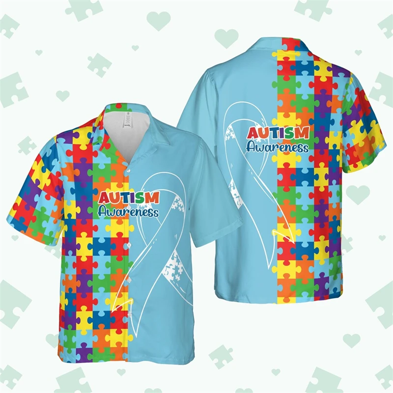 

Caring For Children With Autism Shirt Unisex 3D Full Print Building Block Puzzle Short Sleeve Button Up Shirts Summer Street New