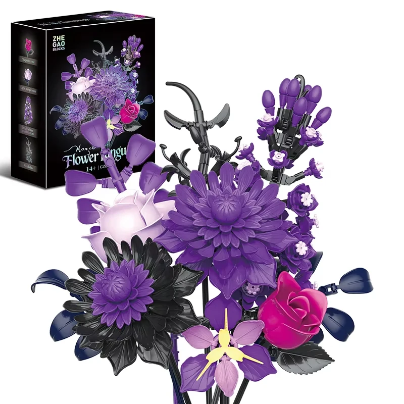 Creatieve Paarse Bloem Zwart Gouden Roos Boeket Bouwstenen Thuis Bureau Plant Decoratie Monteer Bakstenen Speelgoed Cadeau Voor Meisjes