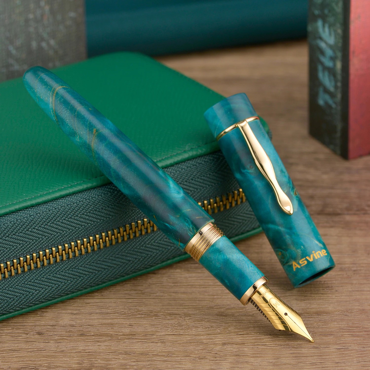 Asvine C2000 قلم حبر خشبي ثابت رقم 8 EF/F/M/Stub 1.1 بنك الاستثمار القومي، قلم كتابة كبير الحجم مصنوع يدويًا باللون الأخضر #1