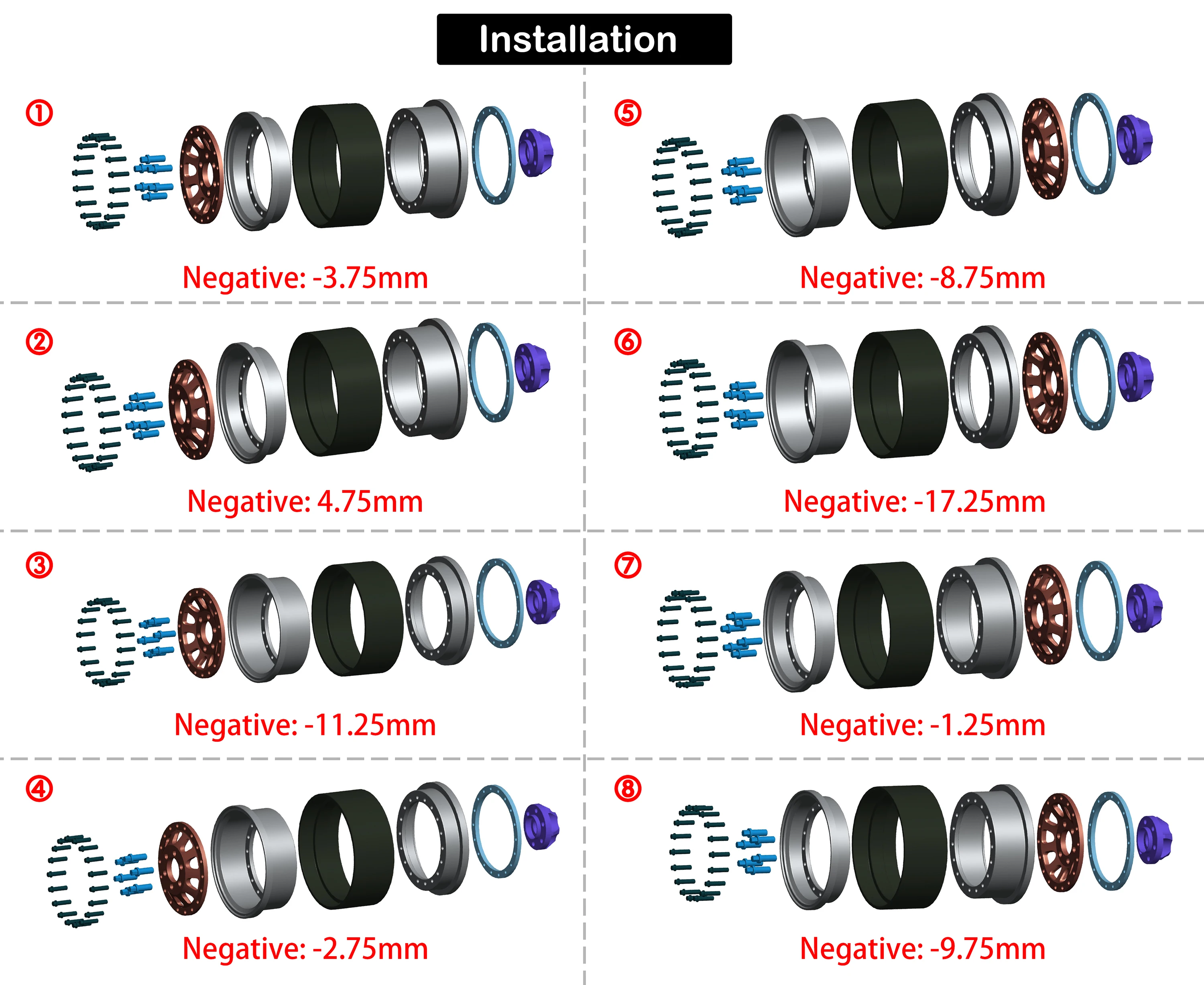 MEUS Racing Brass+Aluminum 1.9 In Beadlock Wheels Adjustable Offset 8 ET Offsets for 1/10 TRX4 TRX6 Axial SCX10 I II III Redcat