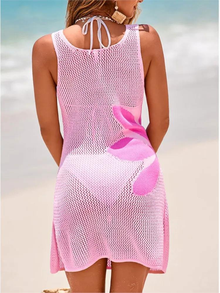 Robe de plage en tricot pour femmes, Sexy, ajourée, col rond, sans manches, Cover-Up pour Bikini, robe de vacances, été, 2026