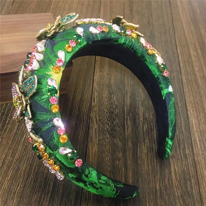 Luxury Baroque Headband Flower Geometric Design Hairband Full Crystal Personality Hairband Girls Green Rhinestones Hairbands