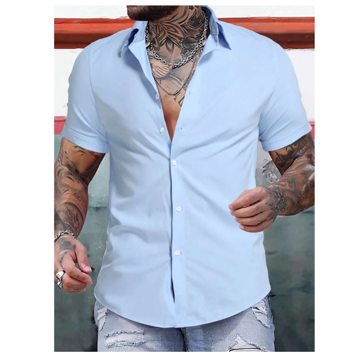 Men's Hawaiian shirt solid color lapel short sleeved shirt summer vacation casual men's street comfortable soft clothing