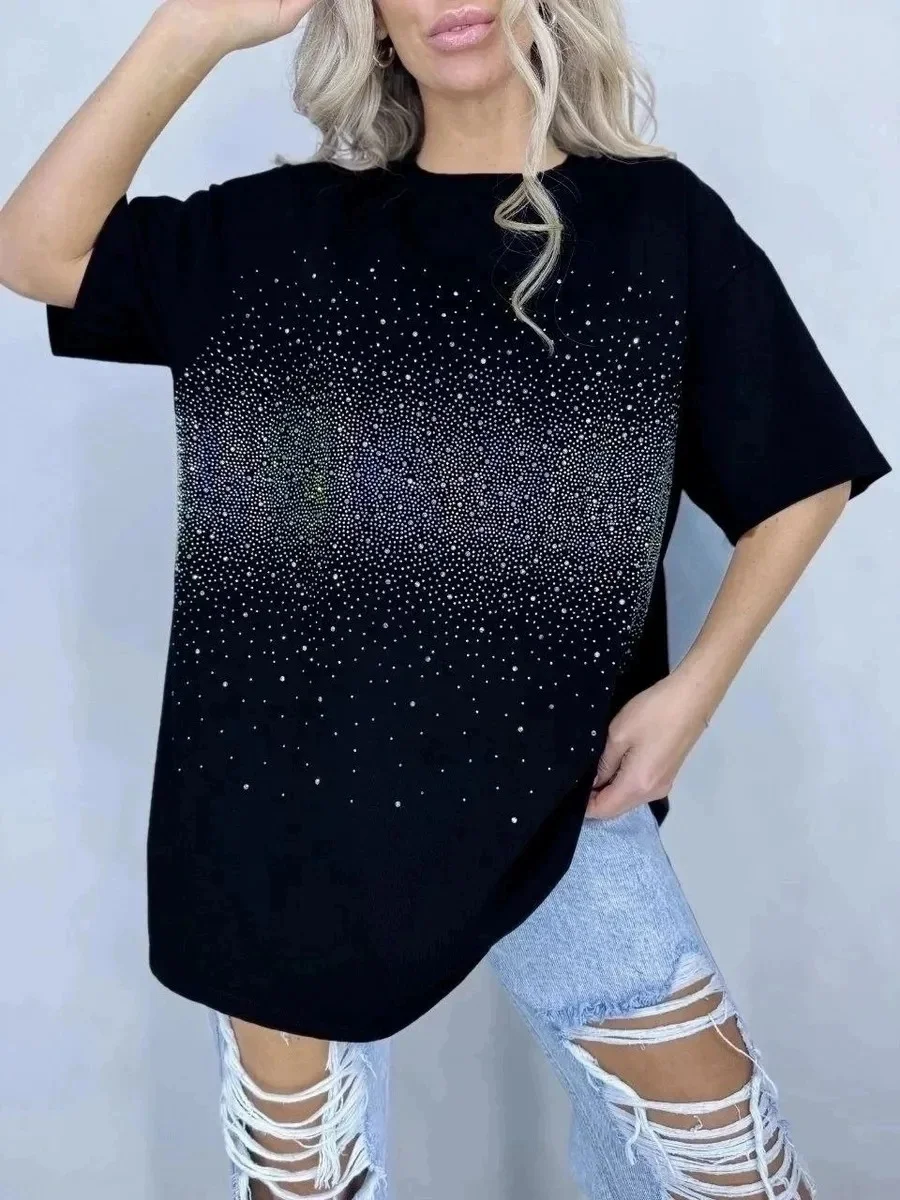New Loose Diamond Studded ort Sve T-irt Versatile Comfortable Cotton Summer Top for Young Women Commute Sle