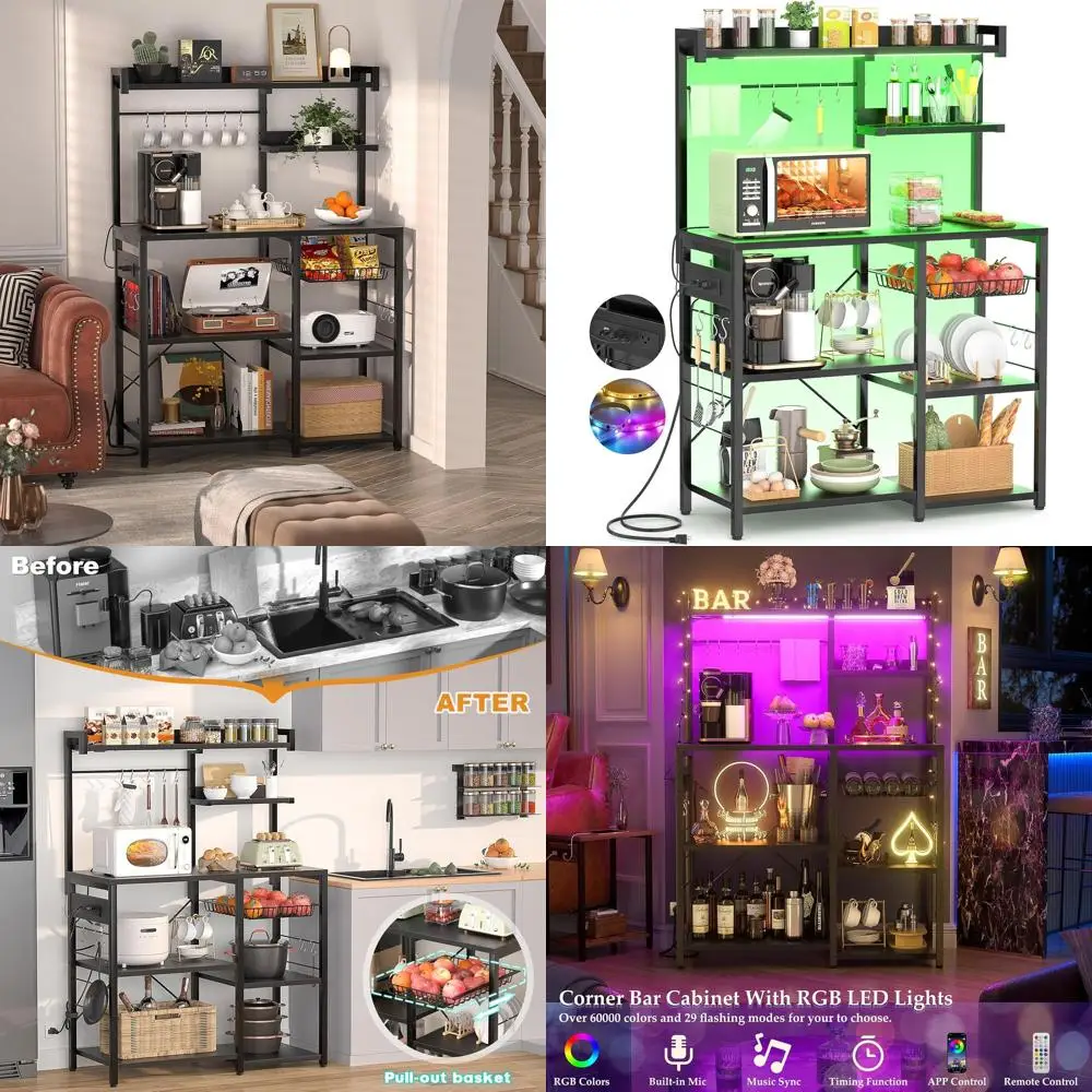 

Кухонная полка для хранения с розеткой и LED-подсветкой, подставка для микроволновки с проволочной корзиной, стол-бар для кофе с полкой для специй