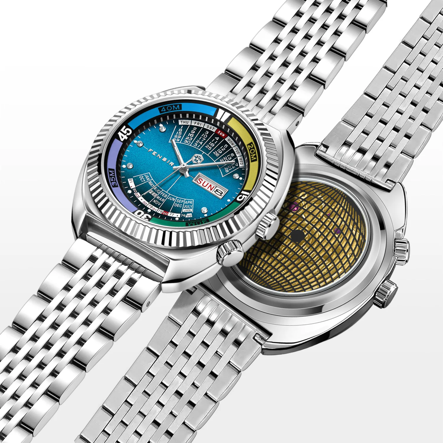 

Skeleton Business Quartz Men's Watch Top Casual Sport Steel Top or Sealed Bottom Dual Calendar Men Watch AAA Male Clock Relogio