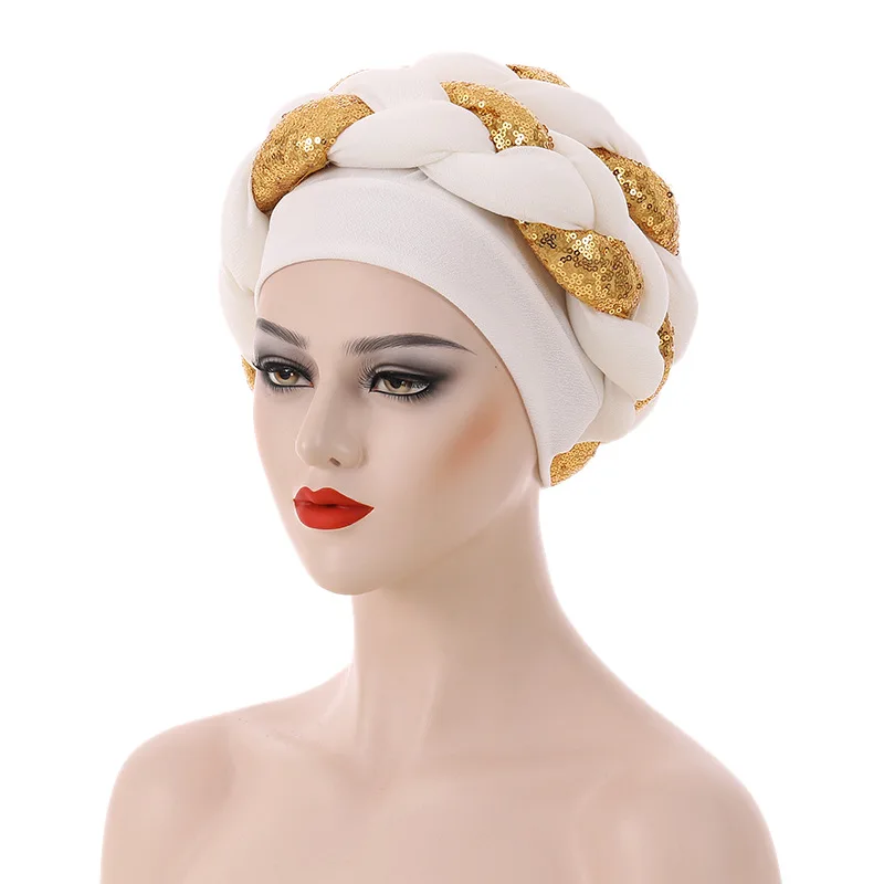 Sequins Braid Turban Cap for Women African Lady Head Wraps