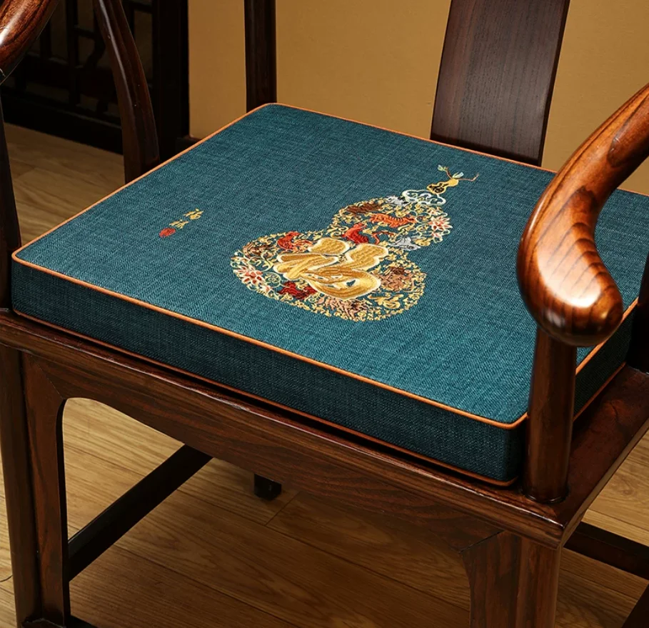 Thick Linen Chair Seat Cushion Double Piping Edge Chinese Embroidery Non Slip Seat Pad Classical Solid Wood Tea Chair Decor Mat