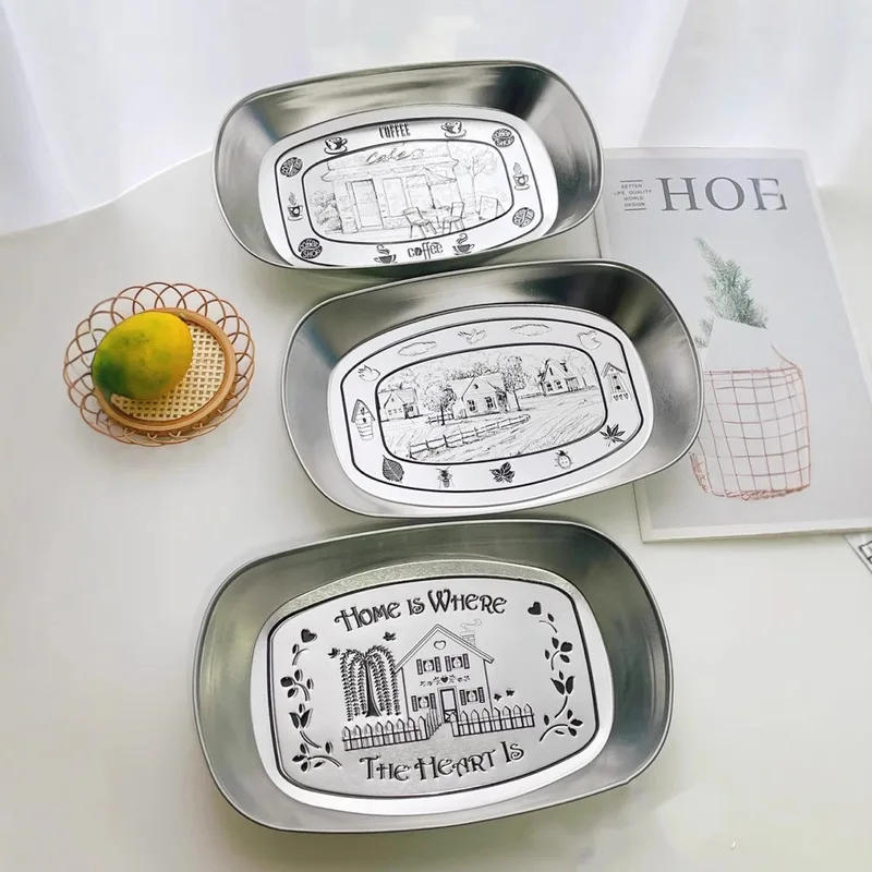 الرجعية صينية من الفولاذ المقاوم للصدأ النمط الأمريكي المموج الحديد المنزل استخدام طبق عشاء وجبة خفيفة صينية للفاكهة طاولة شاي تخزين نزهة صينية #3