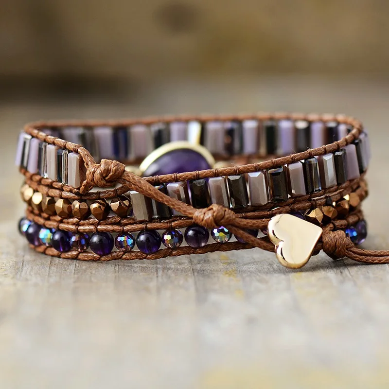 Ins LuxuryBoho Vintage Natural Amethyst Handmade Beaded 3 Wrap Braided Cord Bracelet Friendship Jewelry Custom Name For Her