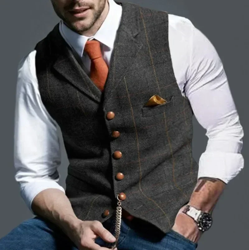 Men\'s Retro Suit Vest Fashion Plaid Lapel Single-breasted Waistcoat with Pocket Business Casual Formal Vest Tops Men\'s Clothing