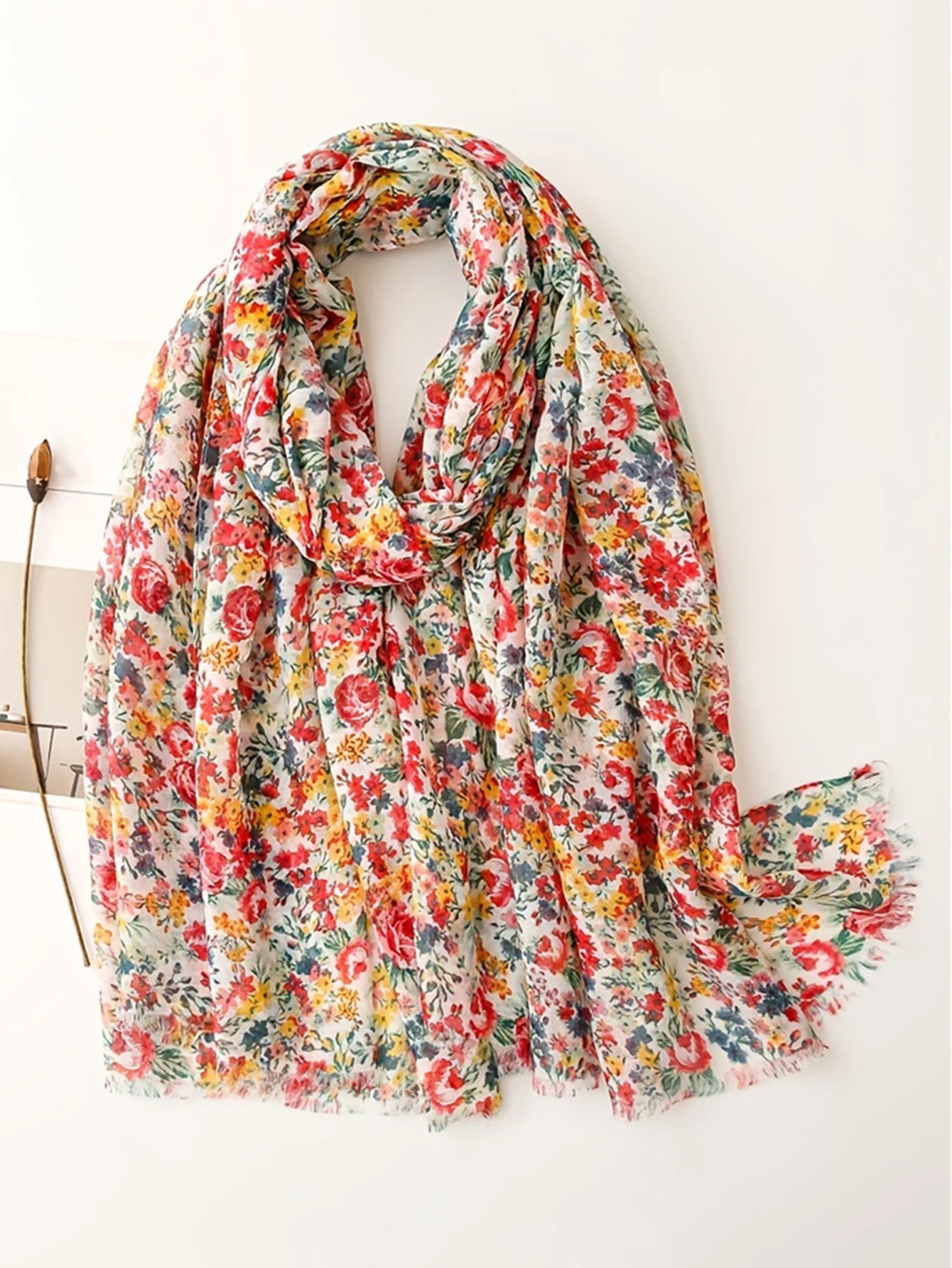 New style retro floral hair fringe versatile artistic scarf, tourist floral print, sun protection shawl for women