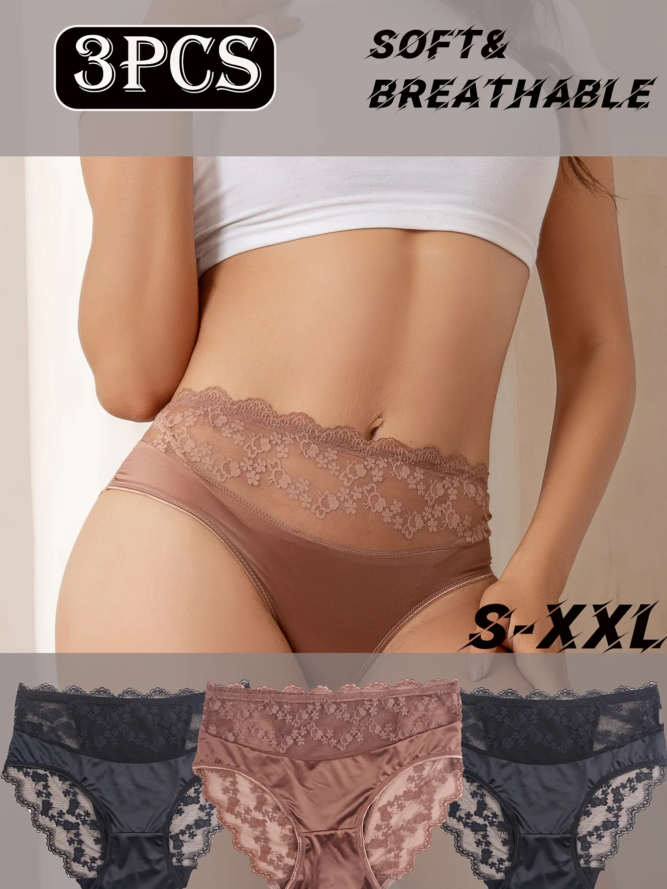 3pcs Women's Underwear Comfortable and Breathable Women's Briefs Lace Mesh Flower Printed Women's Panties