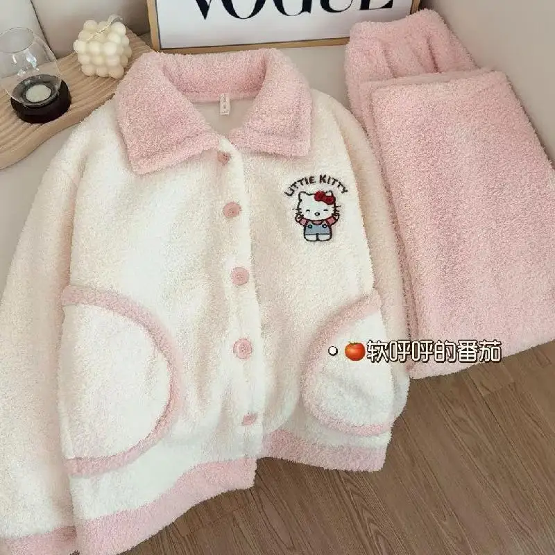 Hot Kawaii Hellokitty Pajamas and Pajamas 2Pcs Girls' Tops Long-Sleeved Soft Thickened Pants Cute Versatile Casual Home Wear Set