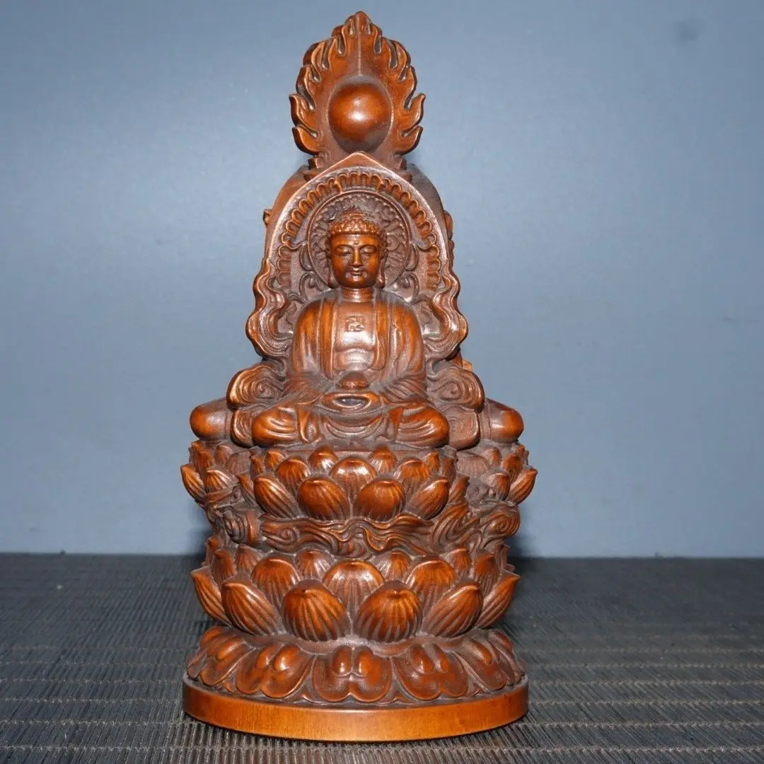 Hand Carved Wood Three-faced buddha on lotus throne Statue Figurine Desktop Ornaments Home Decoration Crafts Tea Pet Decor