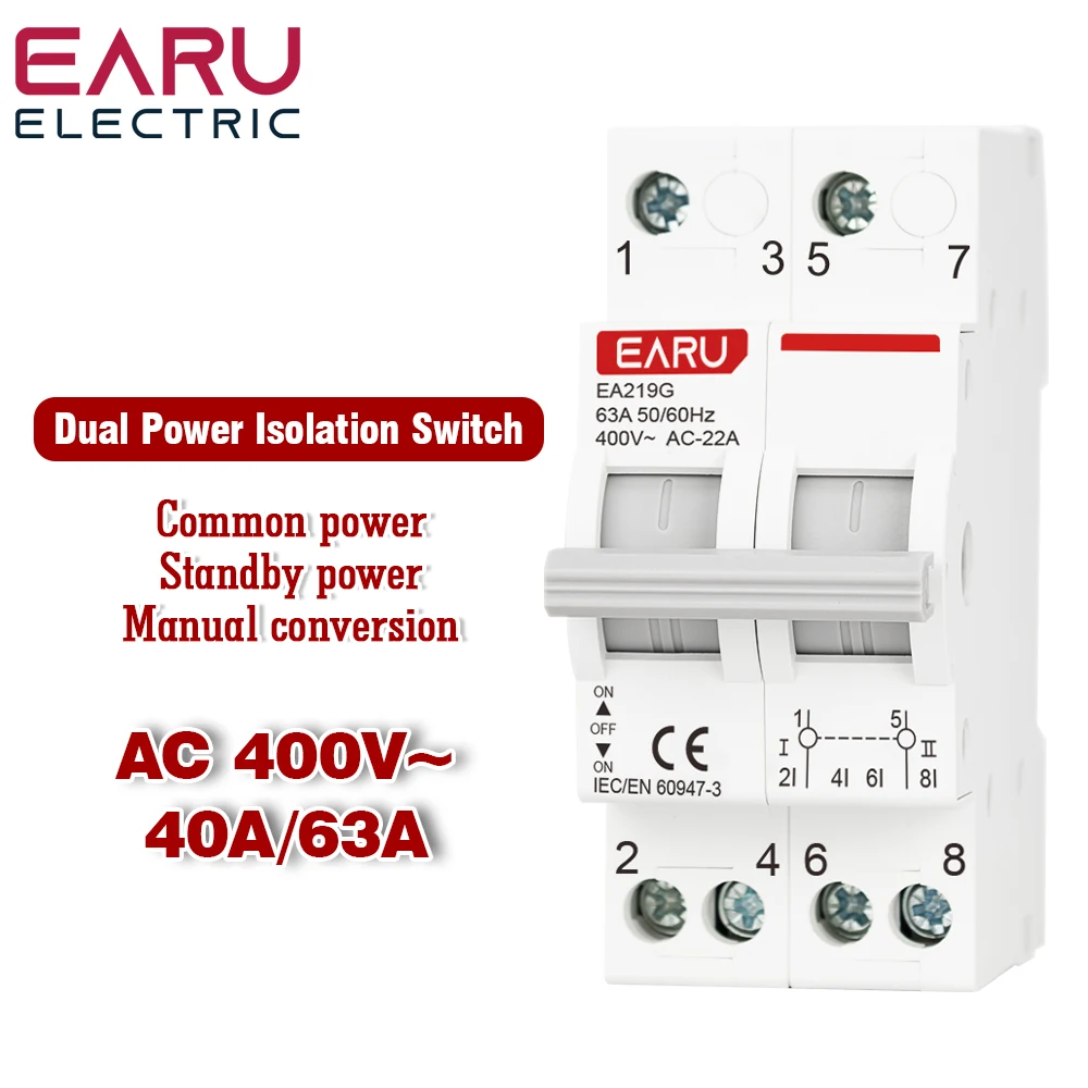 2P 40A 63A MTS Dual Power Manual Transfer Interlock Circuit Breaker Din Rail Isolating Discounnecting Switch