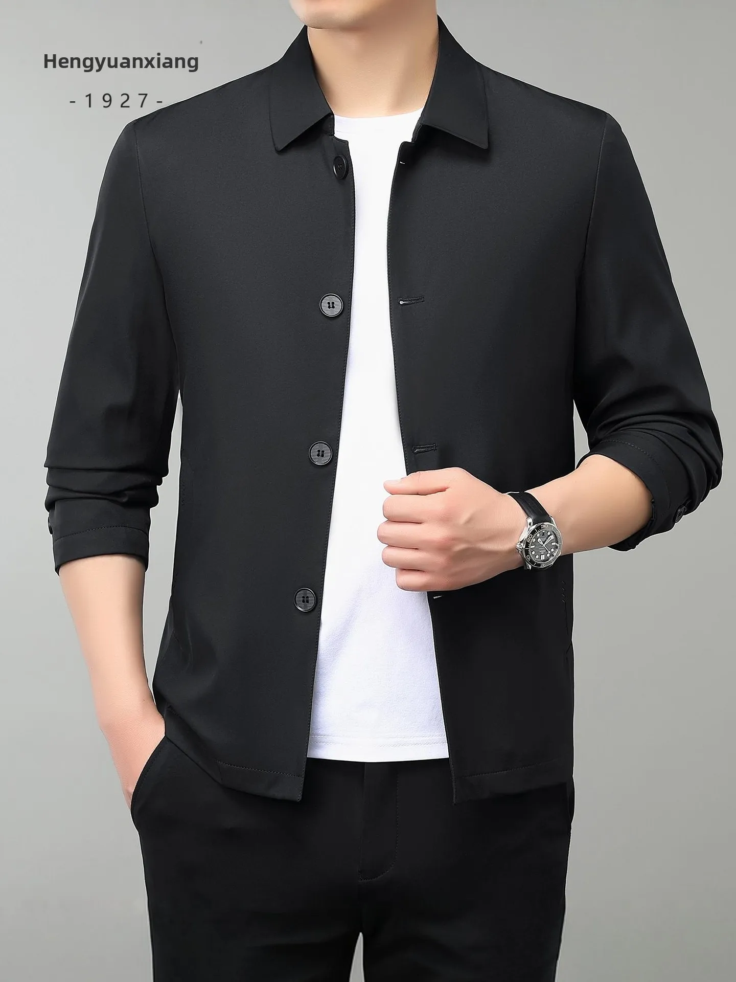 Hengyuanxiang Men's Casual Button-Up Collar Jacket Mid-Year Fashion Urban Polyester Fiber Long Sleeve Standard Fit Business J...