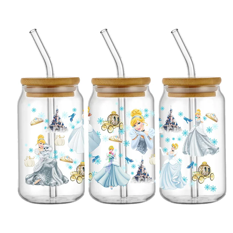 Disney Princess 16oz Libbey UV DTF Glass Can Wrap Cartoon Movie Magical Glass Can Design Princess Tumbler Wrap