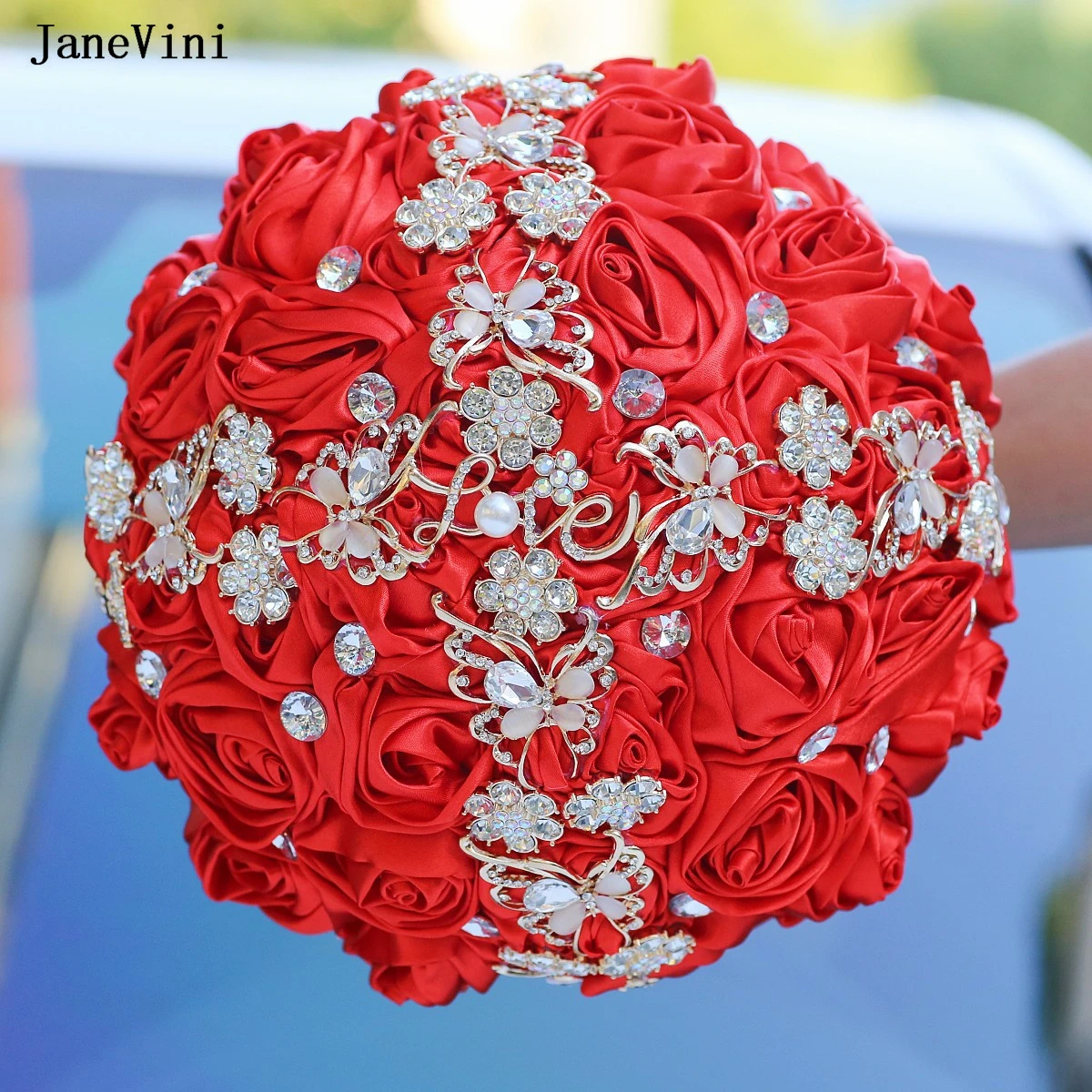 

JaneVini New Red Flowers Crystal Bridal Bouquets Artificial Satin Roses Butterfly Brooch Bridesmaid Bouquet Wedding Accessories