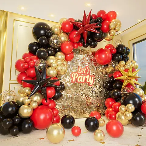 161pcs Red Black and Gold Balloons Garland Arch Kit with 5/10/12/18in Red Black Gold Balloons Explosion Star Balloons for 2025