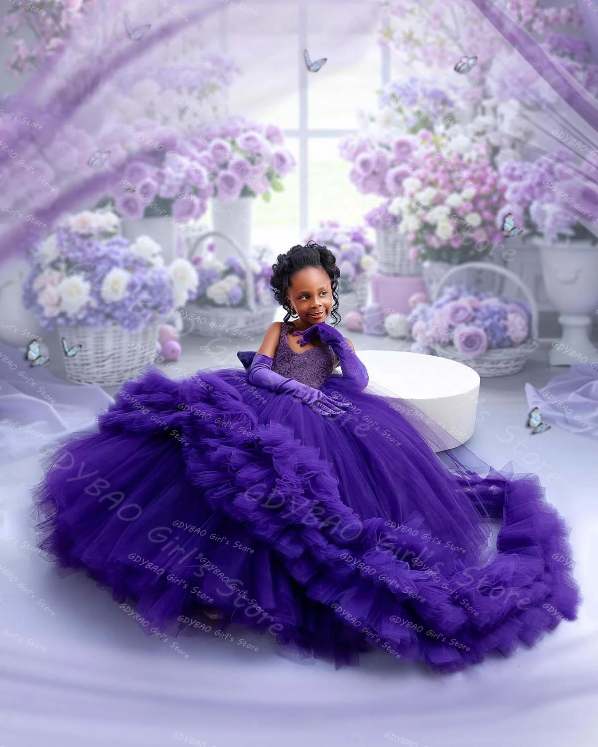 

Customized Girls Birthday Dress Tiered Tulle Wedding Flower Girl Dress Lace Top Criss Cross Back Princess Pageant Gown-No Gloves
