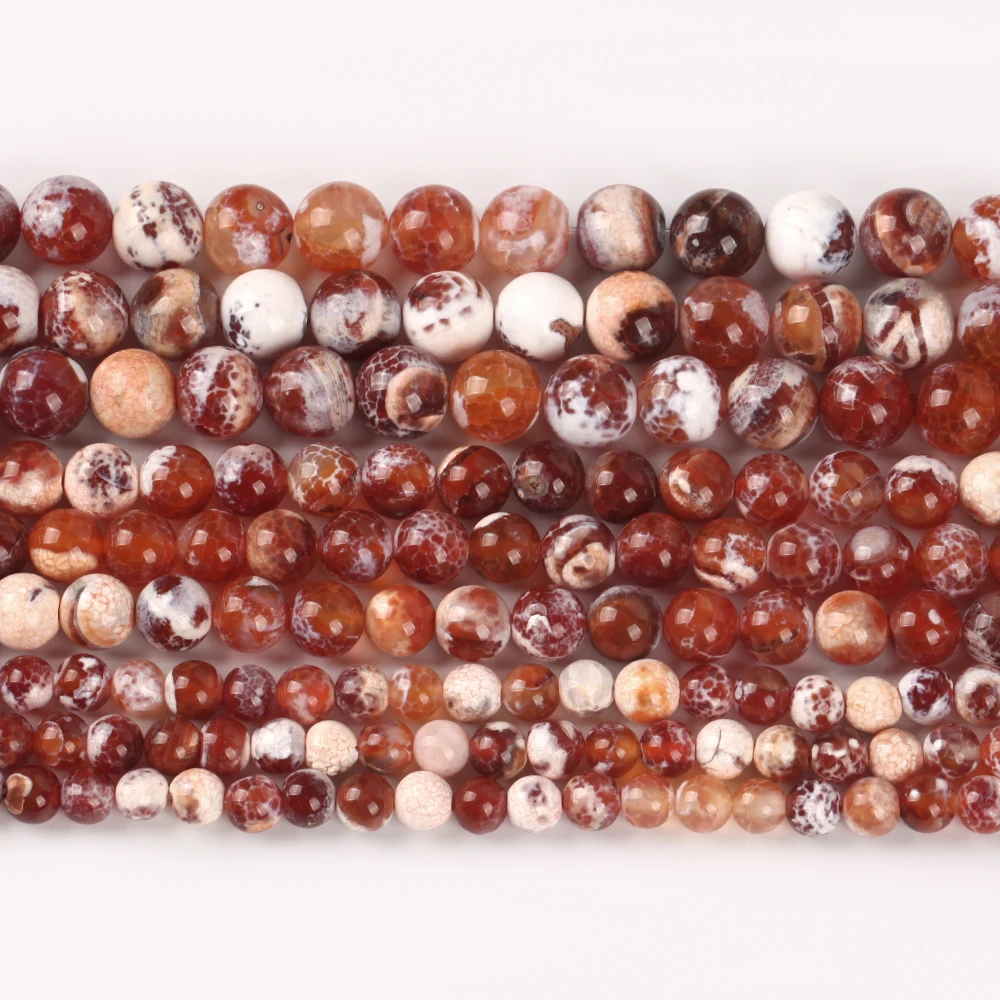 Natural Stone Beads 6-10mm Red White Fire Agate Round Loose Spacer Beads for Jewelry Making DIY Bracelets Earring Accessories