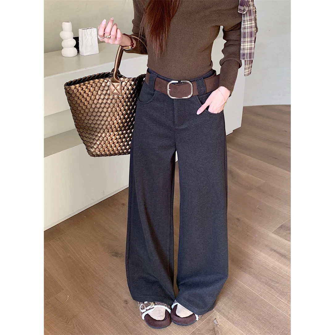 Thiened Woolen High Waist Wide Leg Pants Retro Korean Sle plus Size Versatile Long Trousers Autumn Winter New Arrival