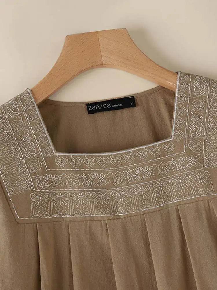 ZANZEA Summer Vintage Embroidery Tops Women Blouse Fashion Holiday Tunic Tops Casual Square Neck Half Sleeve Cotton Blusas Mujer
