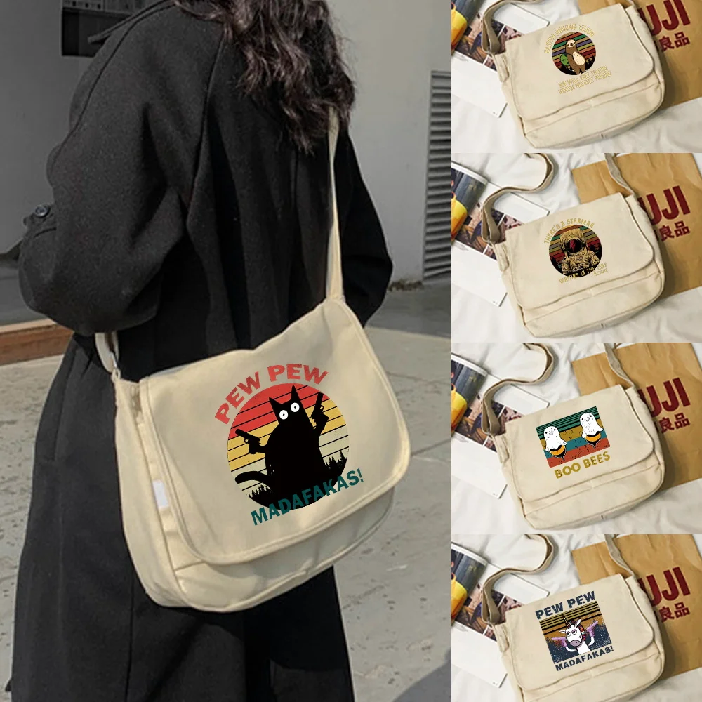 

New Canvas Messenger Bags Women Casual Wild Ladies Handbags Pew Pattern Printed Shoulder Women Bag Simple Female Totes Bag