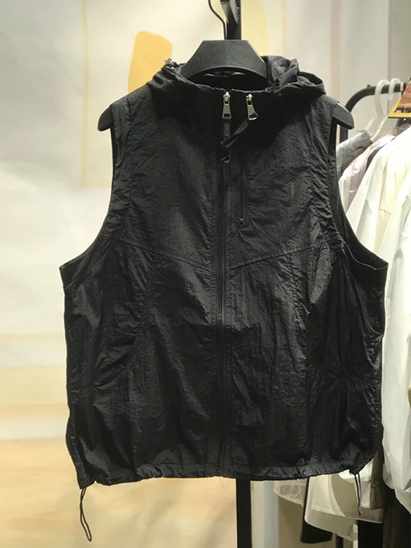 カジュアルなフード付きノースリーブベスト速乾性ダブルジッパートレンディな夏の新着女性のタンクトップアウター通気性