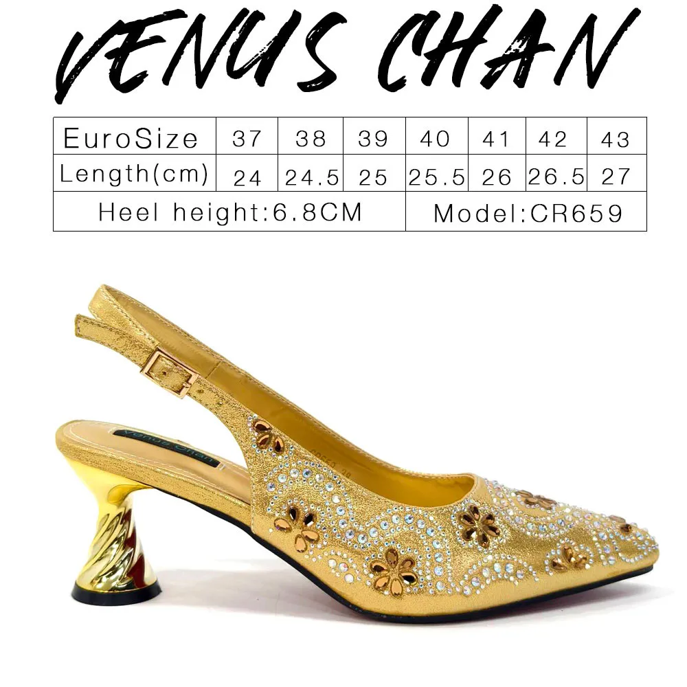 Nigerian Heel Party for Women Shoes and Bag Set Golden Colour Rhinestone Handbag Italian Design Wedding INS Sandals