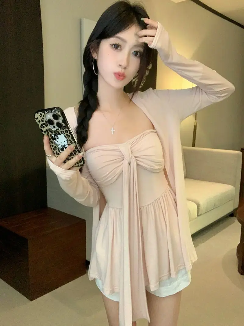 

Pink Strapl Crop Top And Cardigan Two-Piece Set Women's Slimming Inner Wear Base irt Open Front Sweater Summer Outfit