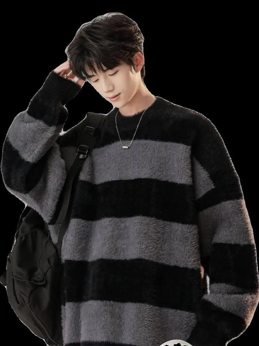 

Soft Thiened Knitted Sea Wool Sweater Men's Autumn Winter Stripe Pattern Casual Faion Warm Outerwear for Couples