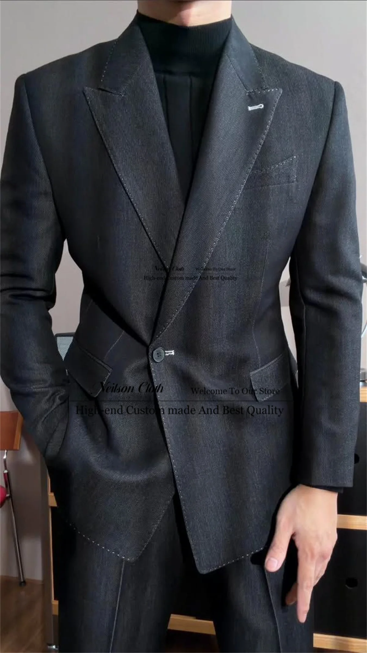 

Korean One Button Male Prom Blazers 2 Pcs Sets Black Groom Wedding Tuxedos For Men Casual Peaked Lapel Customized Costume Homme