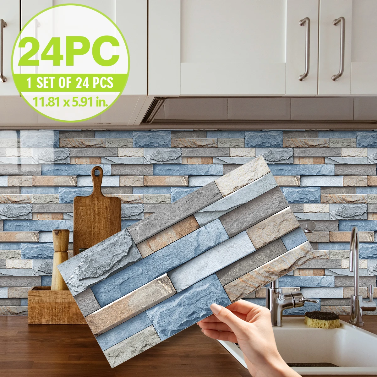 24PCS blue, brown simulation brick marble pattern 3D effect crystal kitchen stickers waterproof and oil-proof kitchen wall stick