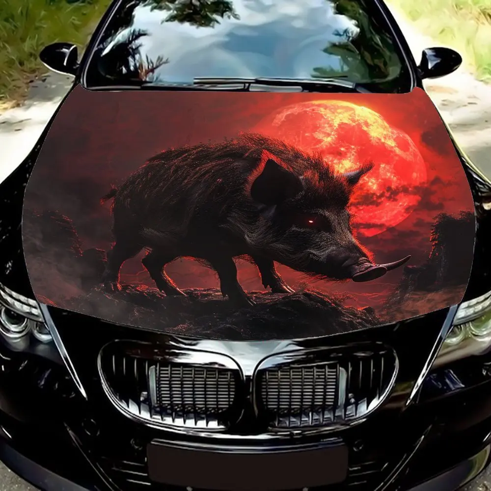 A Ferocious Wild Boar Under The Red Full Moon Car Vinyl Wrap - PVC Material, Mysterious Pattern Decal For Car Bonnet, Car Decals
