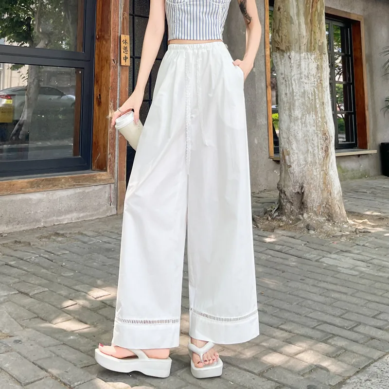 ฤดูร้อนสบายๆหลวมผ้าฝ้าย Hollow OUT กางเกงขากว้างผู้หญิง Harajuk เกาหลีแฟชั่นลูกไม้ Drawstring ข้อเท้าความยาวกางเกง