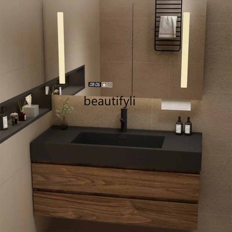 

Black Walnut Color Bathroom Cabinet Combination Bathroom Table Sink Rock Integrated Washbasin Sanitary Ware Nordic