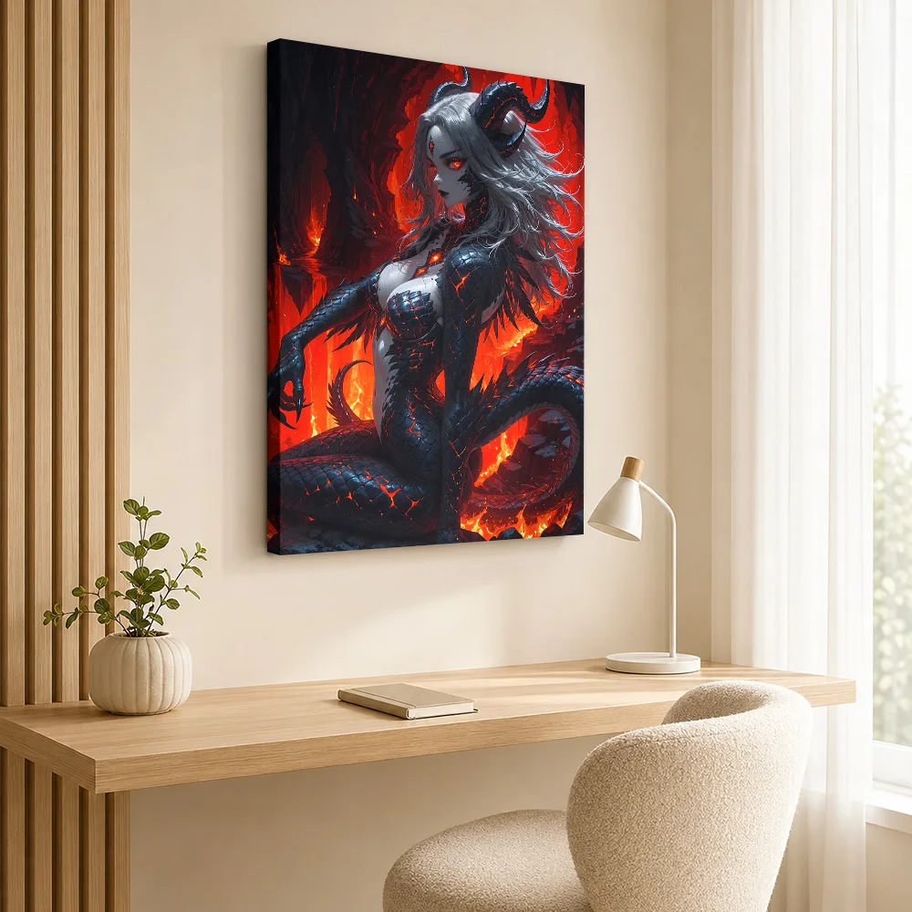 Demon Woman in Volcanic Landscape Canvas Print Poster Customized Photo Dark Anime Wall Paintings Decoration for Game Room Dorm