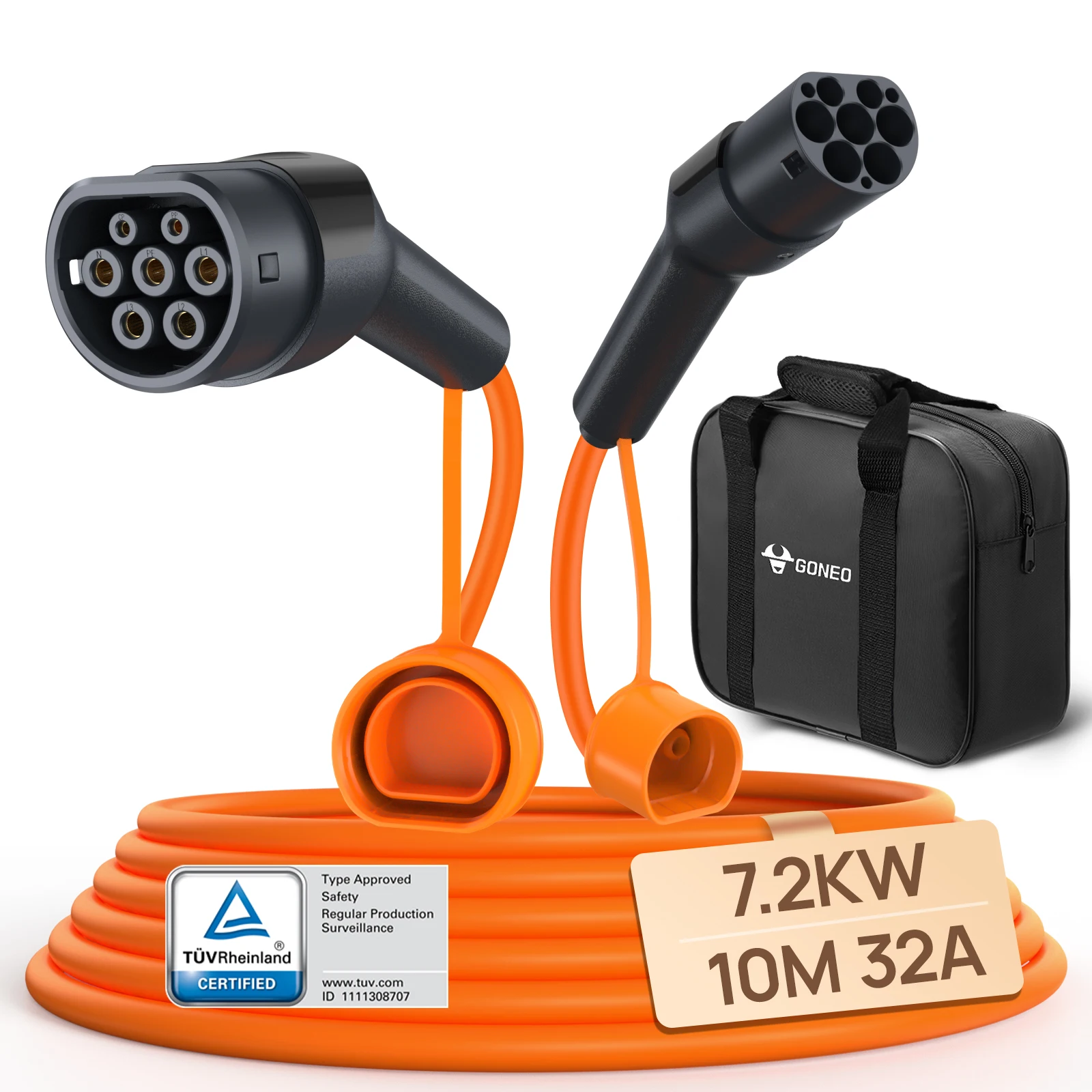 GONEO Type 2 oplaadkabel voor elektrische auto's, oranje, 7,2 kW/11 kW/22 kW, 6 m/8 m/10 m, 16 A/32 A, Type 2 naar Type 2 kabel.