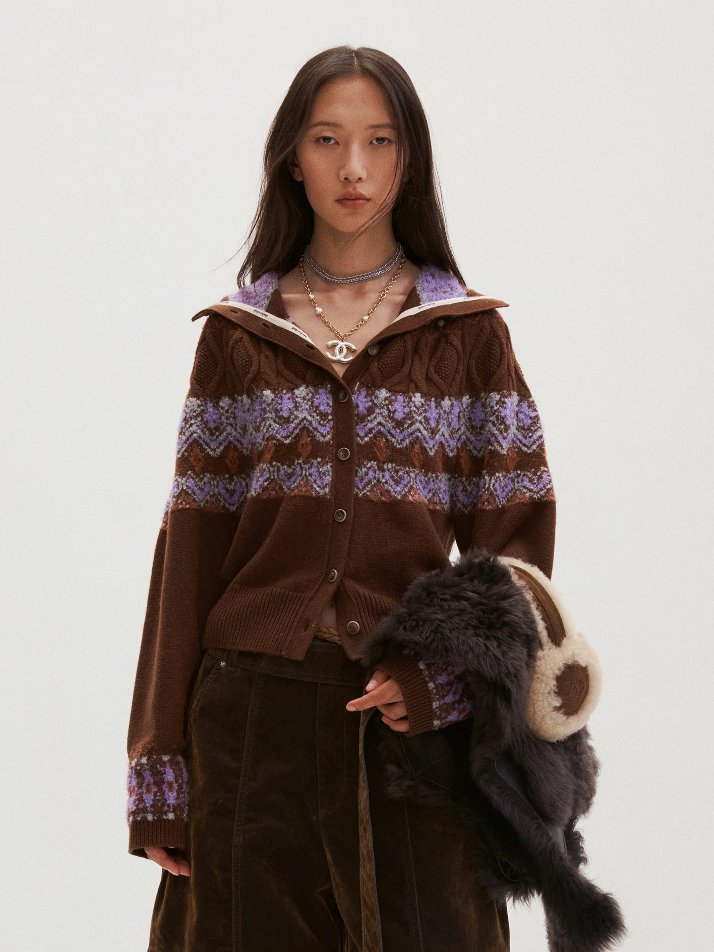 

Medium Well Fair Isle Knit Cardigan Coat Women's Pullover Sweater Autumn Winter New Sle Thiened Collar Open Cardigan